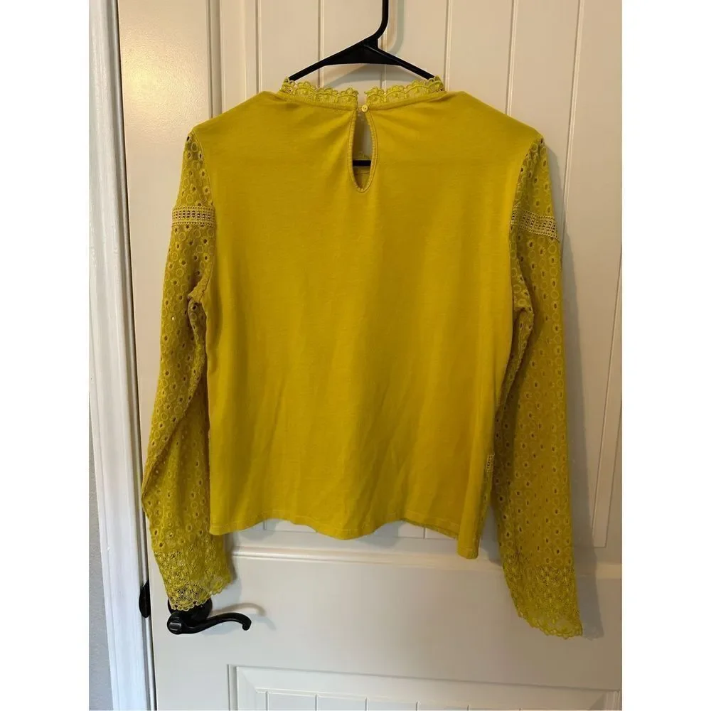 James Coviello Anthropologie Crochet Lace Yellow Long Sleeve Top Size S